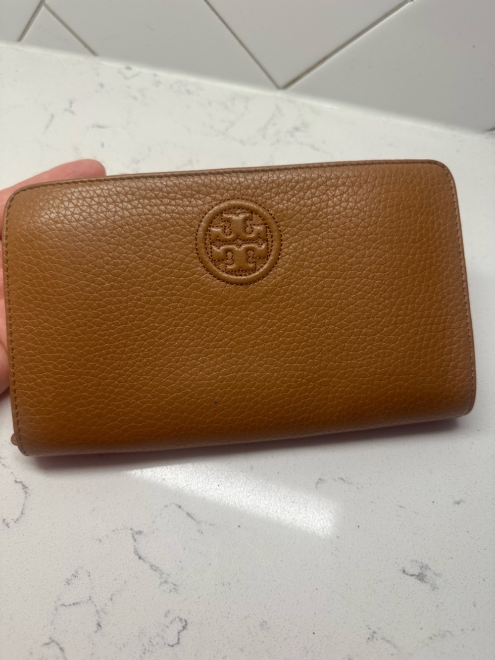 Tory Burch Pebbled Leather Zip Wallet in Cognac Brown